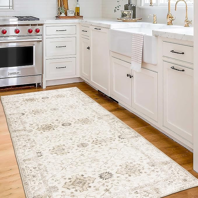ReaLife Rugs Machine Washable Area Rug Runner - Living Room Bedroom Bathroom Kitchen Entryway Office - Padded Low Pile Stain Resistant Premium - Boho Farmhouse Vintage - BEV - Beige 2'6" x 8'