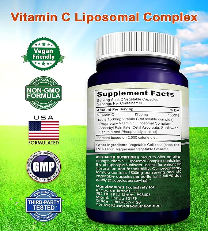 aSquared Nutrition Vitamin C Liposomal Complex - 1500mg Supplement - 180 Capsules - High Absorption VIT C Ascorbic Acid Pills - Supports Immune System & Collagen Health - 90 Servings