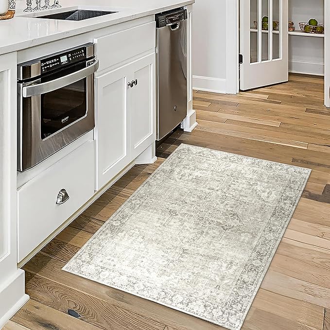 ReaLife Rugs Machine Washable Area Rug - Living Room Bedroom Bathroom Kitchen Entryway Office - Padded Crease Free Stain Resistant Premium - Boho Farmhouse Vintage- Lyle- Beige Ivory- 2'x 3'