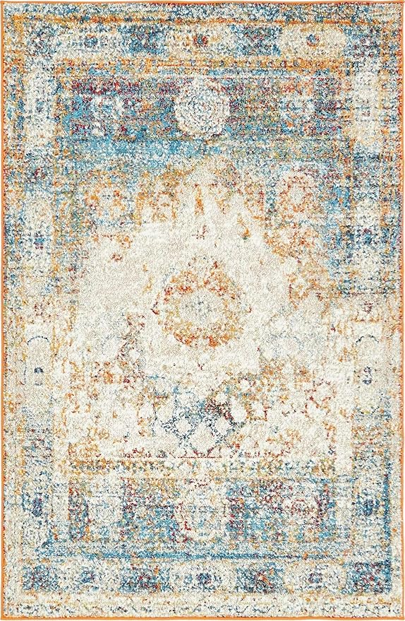 Unique Loom Rosso Collection Traditional, Vintage, Medallion, Border, Distressed, Southwestern Area Rug, 4 ft x 6 ft, Ivory/Blue