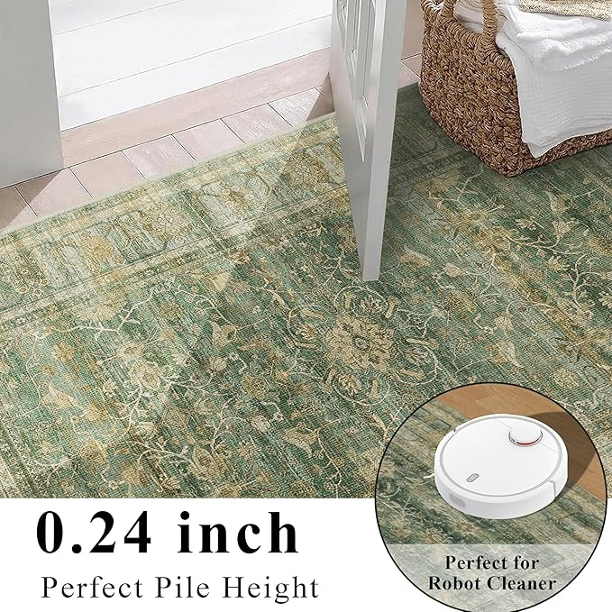 2.6x8 Runner Rug for Hallways Vintage Distressed Non Slip Long Carpet Floral Boho Distress Print Pattern Mat Lightweight Retro Accent Throw Carpet for Kitchen Bedroom Bedside Laundry Room-Green