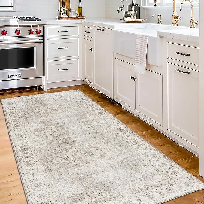 ReaLife Rugs Machine Washable Area Rug Runner - Living Room Bedroom Bathroom Kitchen Entryway Office - Padded Low Pile Stain Resistant Premium - Boho Farmhouse Vintage - Joy - Beige Ivory 2'6" x 6'