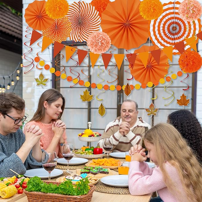 27PCS Thanksgiving Decorations, Happy Thanksgiving Banner, Orange Yellow Harvest Pompom Garland Paper Fan Hanging Swirls for Fall Harvest Party Decorations Decor Accessories Indoor Outdoor Supplies