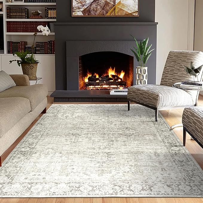 ReaLife Rugs Machine Washable Area Rug - Living Room Bedroom Bathroom Kitchen Entryway Office - Padded Low Pile Stain Resistant Premium - Boho Farmhouse Vintage - Lyle - Beige Ivory 7'6" x 9'6"