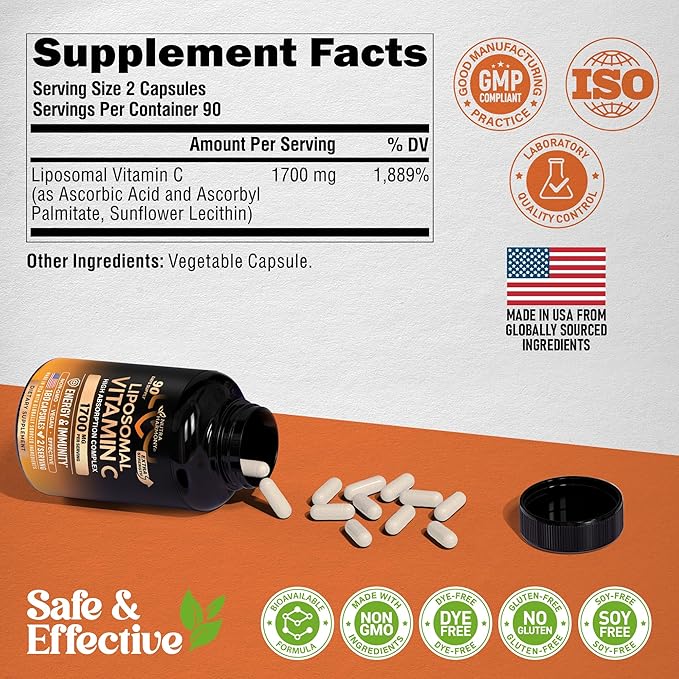 Liposomal Vitamin C 1700 mg - High Absorption Fat Soluble Complex - Antioxidant, Energy Boost & Immune Support - Vitamin C Supplement Made in USA - NON-GMO, SOY-Free & Gentle on Stomach - 180 Capsules