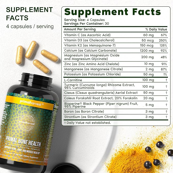 Primal Harvest 2 Pack, Primal Bone Health Calcium Carbonate Bone Health Complex for Men & Women with Calcium, Magnesium, Zinc, Manganese, Potassium, & L-Carnitine (240 Capsules)