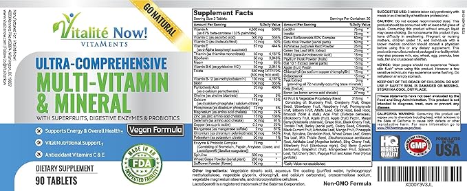 Vegan Whole Food Multivitamin & Mineral - Vitamins A B1 B2 B6 B12 C D3 E & 110 Super Foods, Herbs, Greens & Reds - Enzymes & Probiotics for Immune Support - Energy Boost - 90 Tablets
