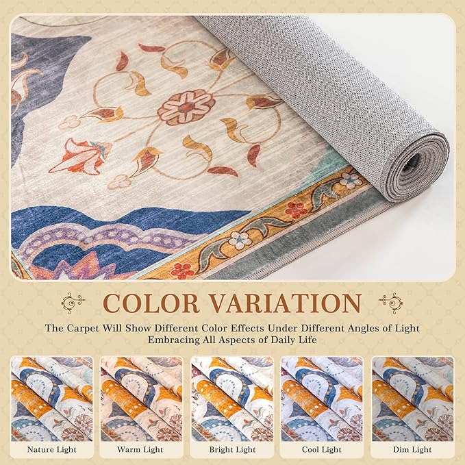 EnHomee 8x10 Area Rug, Soft Washable Rugs for Living Room Bedroom, Boho Non Slip Low Pile Stain Resistant Washable Rug Large Area Rugs for Dining Room,Easy to Clean Living Room Rug, Colorful