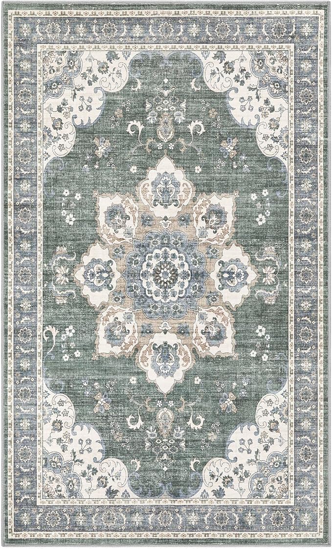 3x5 Washable Entryway Rug: Non-Slip Soft Vintage Floral Indoor Area Rug for Living Room Large Kitchen Entryway Bedroom Bedside, Door Mat Throw Carpet for Laundry Foyer Home Decor (Green)