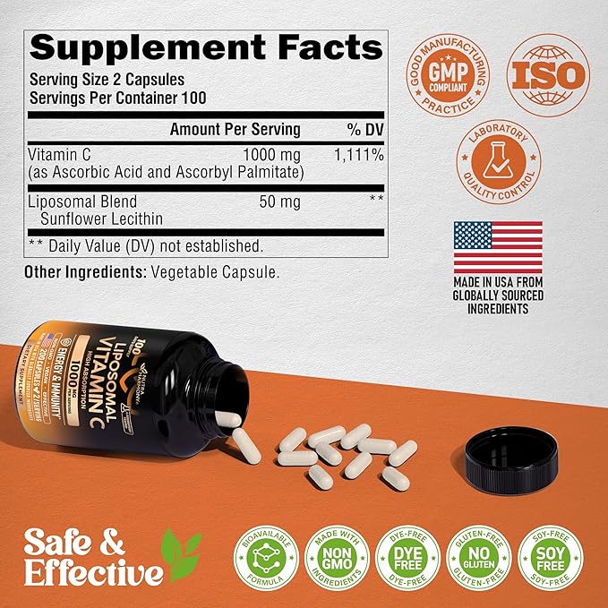 Liposomal Vitamin C 1000mg - High Absorption & Gentle On Stomach - Antioxidant, Energy Boost & Immune Support - Vitamin C Supplement - NON-GMO & SOY-Free - Made in USA - 200 Capsules, 100 Day Supply