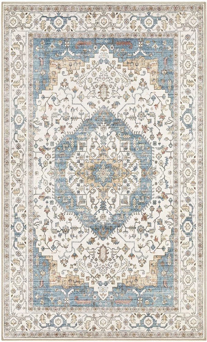3x5 Washable Entryway Rug: Non-Slip Soft Vintage Floral Indoor Area Rug for Living Room Large Kitchen Entryway Bedroom Bedside, Door Mat Throw Carpet for Laundry Foyer Home Decor (Blue)