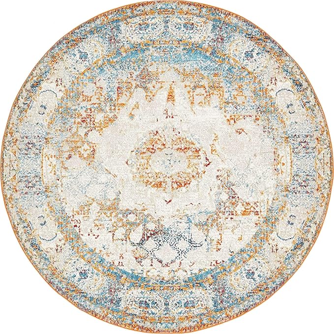Unique Loom Rosso Collection Traditional, Vintage, Medallion, Border, Distressed, Southwestern Area Rug, 8 ft x 8 ft, Ivory/Blue