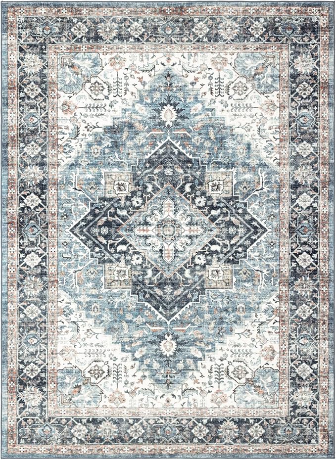 Area Rug 5×7, Vintage Boho Rug,Ultra-Soft Low Pile, Washable, Non Slip,Stain Resistant Printed Carpet for Living Room Bedrooms Playroom Office Kitchen, Blue/Navy