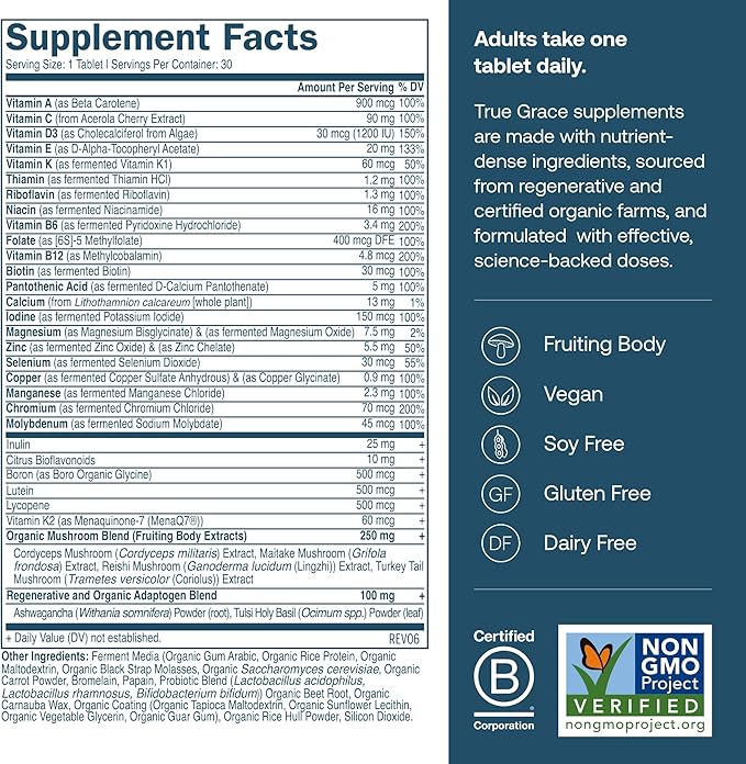 True Grace One Daily Men’s Multivitamin Fermented Minerals, Organic Adaptogens & Mushrooms Whole Body Balance Immune, Endurance, Bone & Heart Support - Non-GMO, Gluten Free - 30 Vegan Tablets