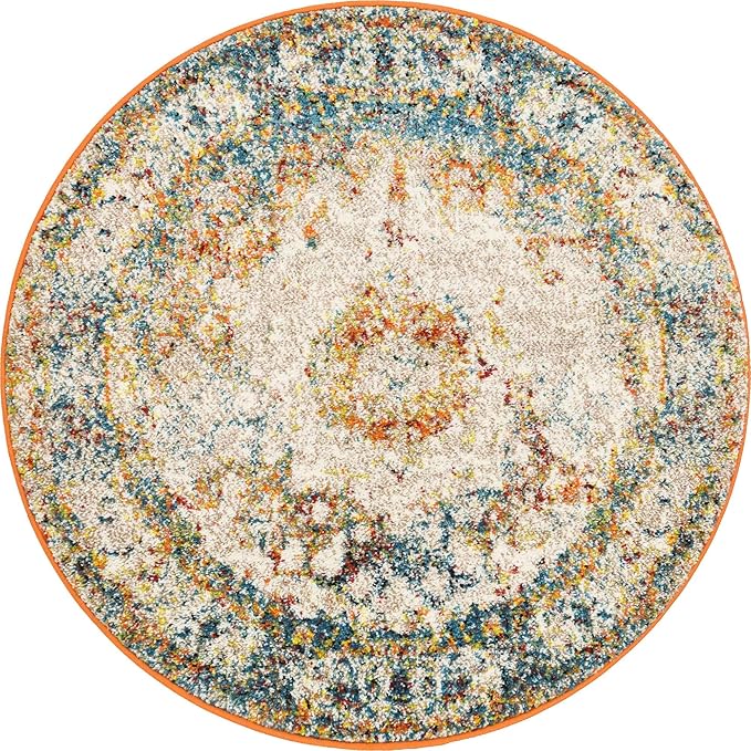 Unique Loom Rosso Collection Traditional, Vintage, Medallion, Border, Distressed, Southwestern Area Rug, 3 ft 3 in x 3 ft 3 in, Ivory/Blue