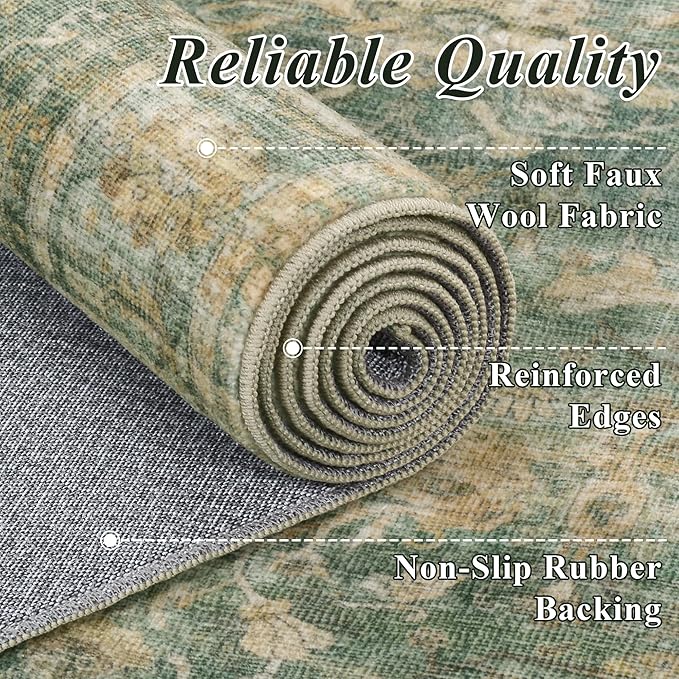 HelloTree Washable Rugs 6x9 Area Rug for Living Room, Vintage Boho Green Rug Non Slip Carpet Retro Accent Indoor Mat Print Distressed Low Pile Throw Large Rug for Office Bedside-Green