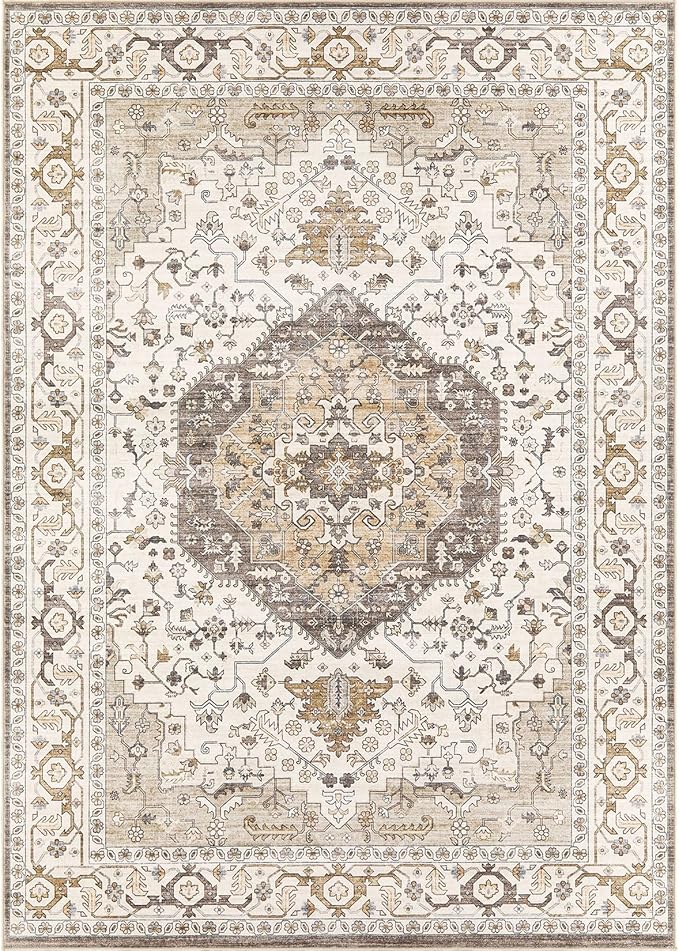 Area Rug for Living Room - 5x7 Soft Washable Oriental Vintage Floral Distressed Large Carpet - Fade Stain Resistant Non Slip Rugs for Bedroom Dining Room Nursery Dorm Office Home Decor-Camel/Beige