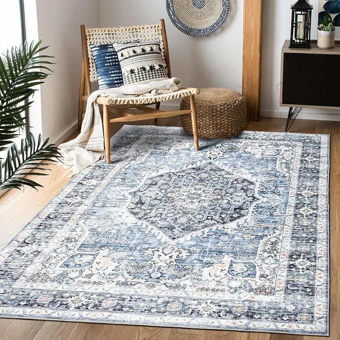 Area Rug 4×6, Vintage Boho Rug,Ultra-Soft Low Pile, Washable, Non Slip,Stain Resistant Printed Carpet for Living Room Bedrooms Playroom Office Kitchen, Light Blue