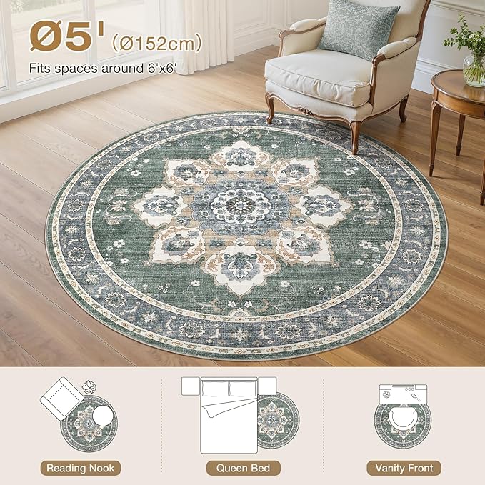 Area Rug for Living Room - 5x5 Soft Washable Oriental Vintage Floral Distressed Large Carpet - Fade Stain Resistant Non Slip Rugs for Bedroom Dining Room Nursery Dorm Office Home Decor - Green