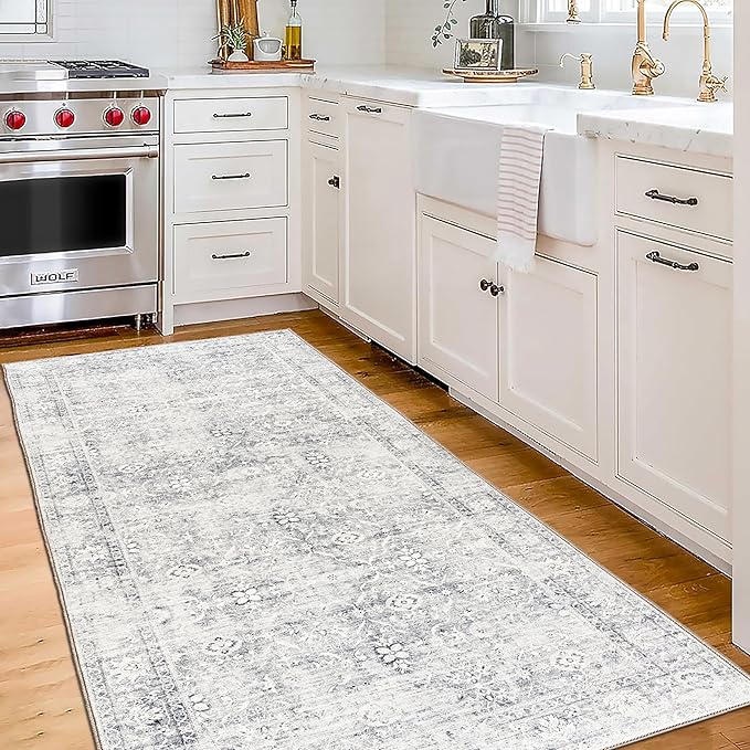ReaLife Rugs Machine Washable Area Rug Runner - Living Room Bedroom Bathroom Kitchen Entryway Office - Padded Low Pile Stain Resistant Premium - Boho Farmhouse Vintage - Noor - Silver Ivory 2'6" x 8'