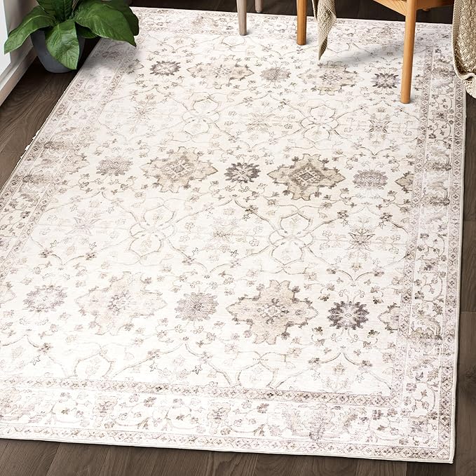 ReaLife Rugs Machine Washable Area Rug - Living Room Bedroom Bathroom Kitchen Entryway Office - Padded Low Pile Stain Resistant Premium - Boho Farmhouse Vintage - BEV - Beige 5' x 7'