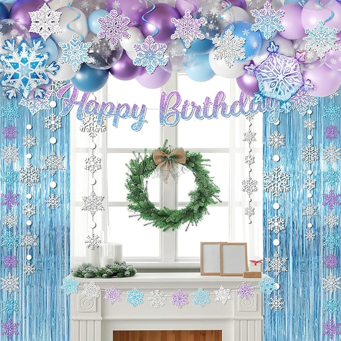 Snowflake Birthday Party Decorations, Blue Purple Winter Wonderland Decorations Kit include Fringe Curtain,Snowflake Garland,Balloon,Banner,Cake Topper,Tablecloth for Winter Snowflake Party Decor