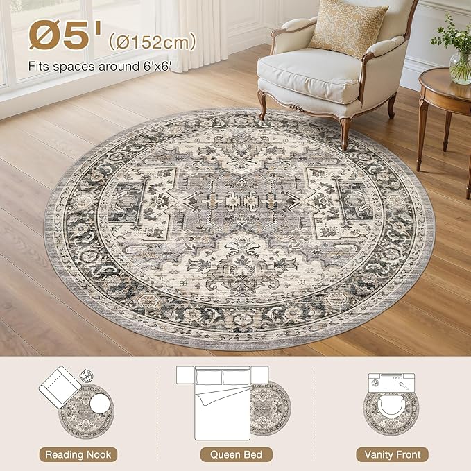 Area Rug for Living Room - 5x5 Soft Machine Washable Oriental Vintage Floral Distressed Large Indoor Floor Carpet for Bedroom Under Dining Table Home Office Decor - Brown
