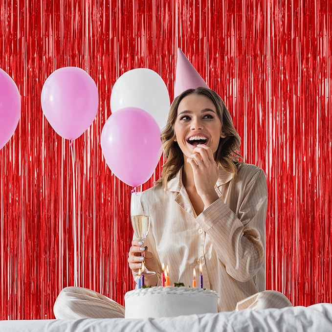 12 Pack Red Curtains, 3.28 FT x 7.05 FT Party Streamer, Metallic Party Backdrop Valentines Day Streamer Foil Curtains, Fringe Tinsel for Red Party Decor Casino Theme Decorations Party Supplies
