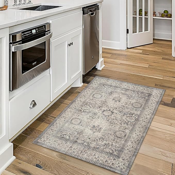ReaLife Rugs Machine Washable Area Rug - Living Room Bedroom Bathroom Kitchen Entryway Office - Padded Crease Free Stain Resistant Premium - Boho Farmhouse Vintage- Paz- Beige Gray Ivory - 2'x 3'