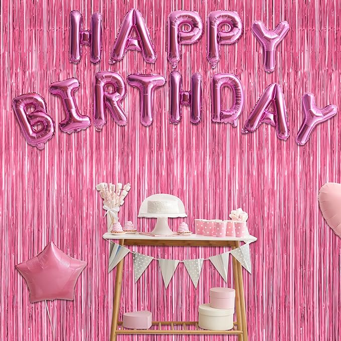 12 Pack Pink Backdrop, 3.28 FT x 7.05 FT Foil Fringe Curtains, Metallic Pink Tinsel Curtain Party Streamer Birthday Backdrop for Girl, Valentines Day Decorations Bachelorette Party Supplies