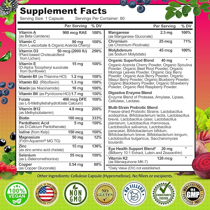 Women's Daily Multivitamin 50 Plus - Vegan Methylated Multivitamin for Women 50 and Over with Biotin, Organic Superfoods & Lutein - Eye, Energy, Gut & Optimal Health Support - Easy to Swallow Capsules