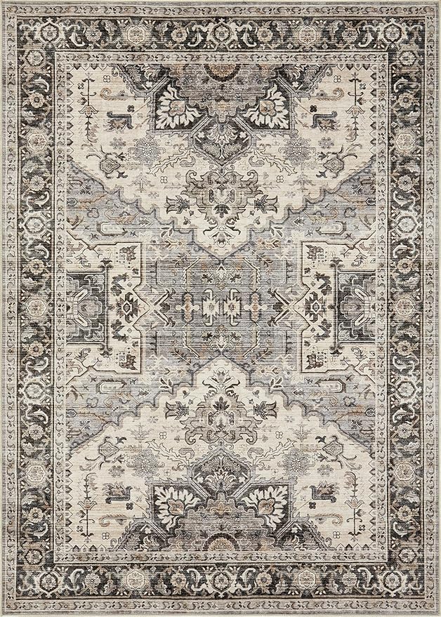 Area Rug for Living Room - 6x9 Soft Machine Washable Oriental Vintage Floral Distressed Large Indoor Floor Carpet for Bedroom Under Dining Table Home Office Decor - Brown