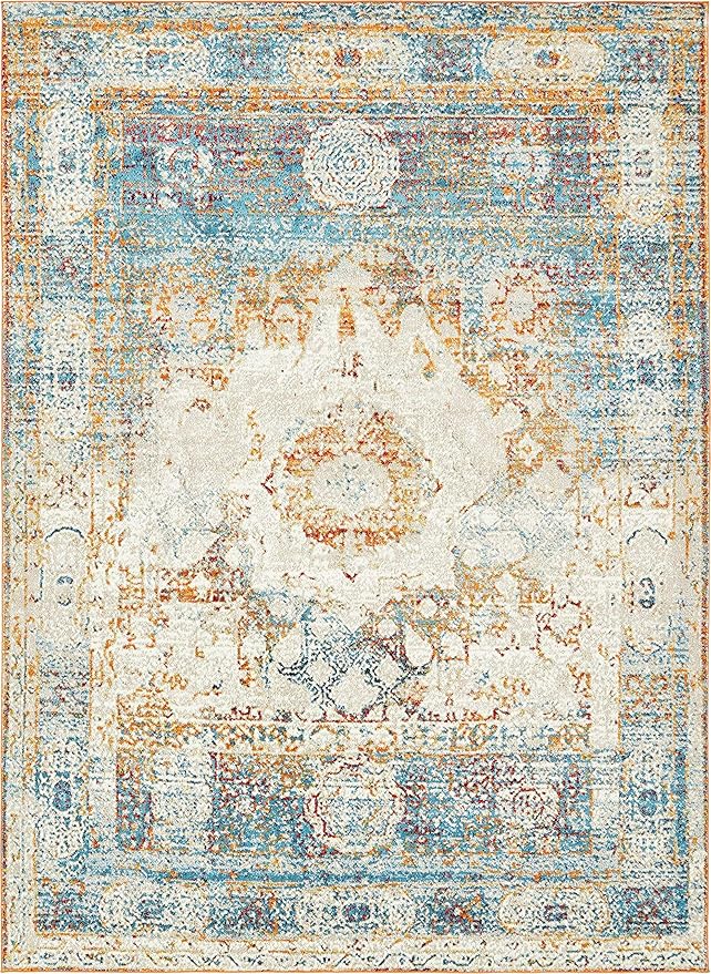 Unique Loom Rosso Collection Traditional, Vintage, Medallion, Border, Distressed, Southwestern Area Rug, 9 ft x 12 ft, Ivory/Blue