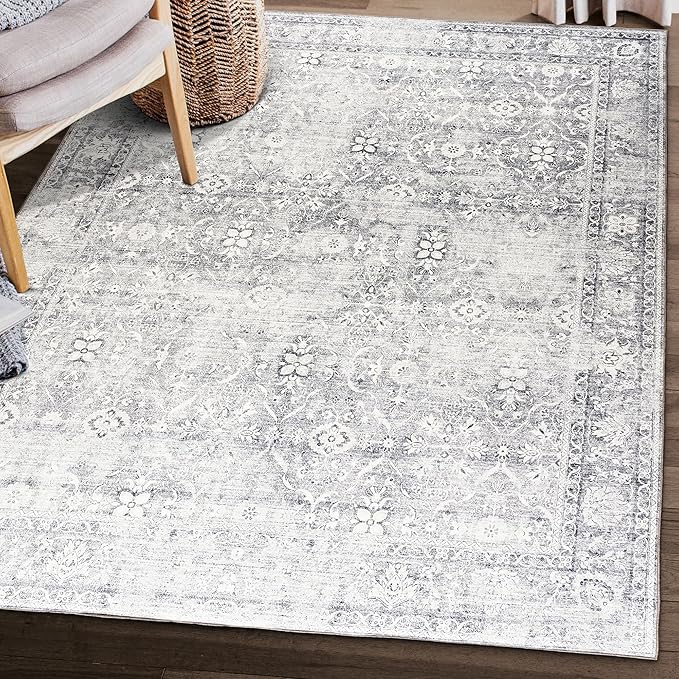 ReaLife Rugs Machine Washable Area Rug - Living Room Bedroom Bathroom Kitchen Entryway Office - Padded Low Pile Stain Resistant Premium - Boho Farmhouse Vintage - Noor - Silver Ivory 7'6" x 9'6"