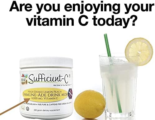 Sufficient-C High Dose Non-GMO Vitamin C - Lemon Peach Immune-Ade Drink Mix 250 Grams - Healthy Hydration Like Never Before (2 Pack)