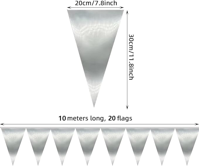 40M/130FT Silver Triangle Pennant Banner Flag Metallic Fabric Bunting Garland for Christmas Graduation Wedding Engagement Anniversary Bachelorette Birthday Bridal Shower Valentines Hen Party Supplies