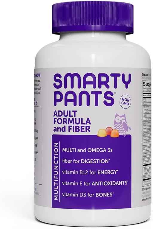 SmartyPants Fiber Supplement & Multivitamin for Men & Women: Multivitamin Fiber Gummies with Vitamin D3, C, Vitamin B12, B6, A, K & Zinc, Omega 3 Fish Oil (EPA/DHA), Biotin, 180 Count (30 Day Supply)