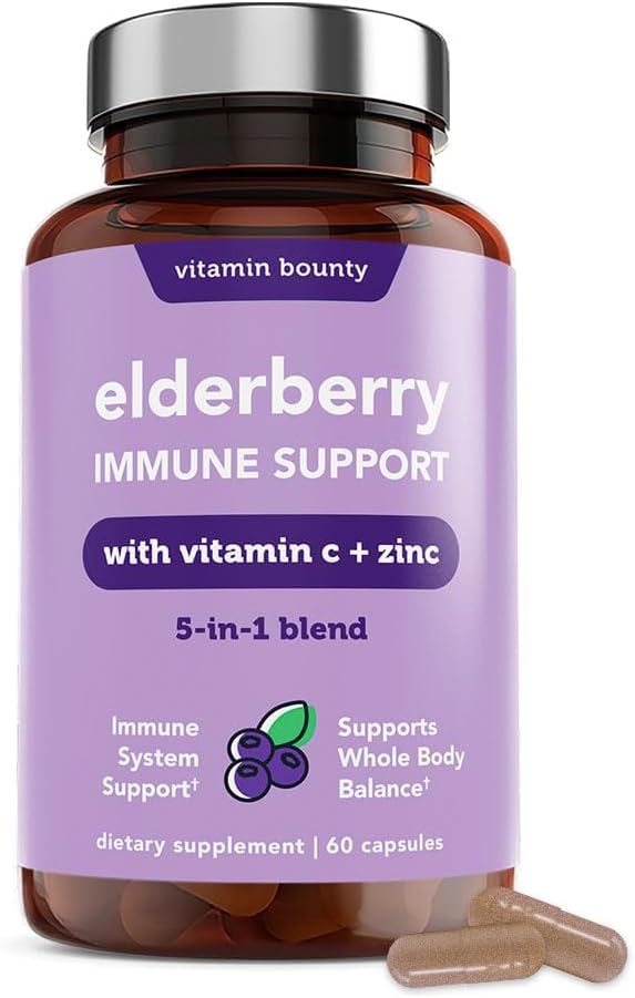 Vitamin Bounty Organic Elderberry Capsules – Sambucus Elderberry with Vitamin C and Zinc – Immune System Boosters for Adults – Antioxidant Formula for Immune Support– Non-GMO, 60 Capsules