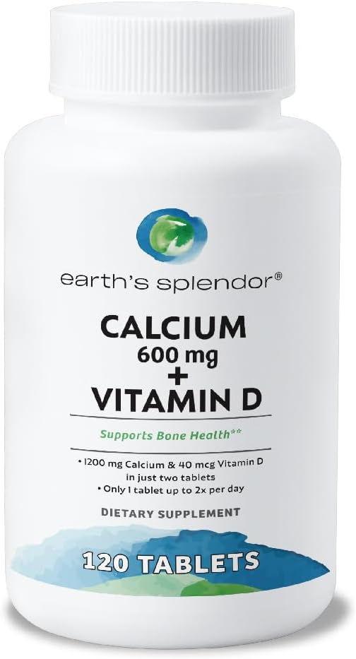 Earth's Splendor Bone Health Support, with Calcium & Vitamin D Supplement, Vitamin Supplements, for Men & Women, (600mg Calcium, 120 Tablets)