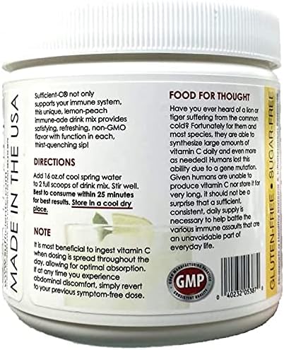 Sufficient-C High Dose Non-GMO Vitamin C - Lemon Peach Immune-Ade Drink Mix 250 Grams - Healthy Hydration Like Never Before (2 Pack)