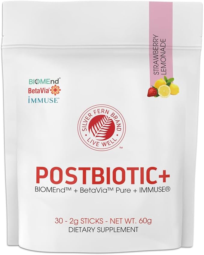 Silver Fern Brand Postbiotic+ Strawberry Lemonade Powder – Postbiotic Supplement with BIOMend™, BetaVia™, and Immuse® – Supports The Digestive System & Overall Wellness – 30 Stick Packs