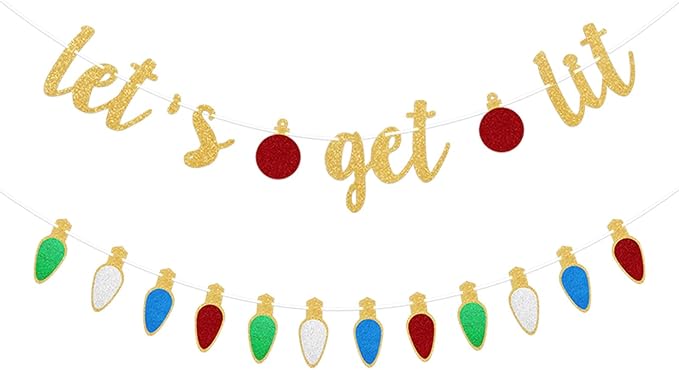 Gold Lets Get Lit Banner Christmas Banner, Christmas Party Decorations, Indoor Outdoor Home Hanging, Decor Yellow Glitter