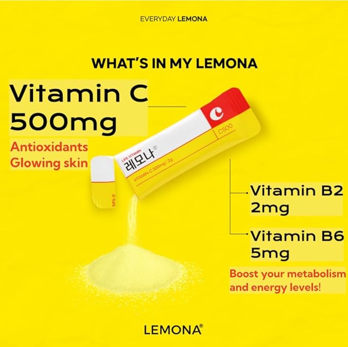 LEMONA Official Vitamin C Powder 500mg Korean Supplements Immune Support B6, B2, On-The-Go Packets Vitamin Healthy Living, Easy to Take Daily Energy Boost Korean Food Snacks Lemon (120Sticks)