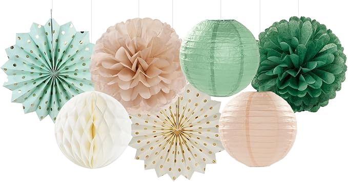 Olive-Sage Green Champagne-Gold Party-Decorations Lanterns - 14pcs Rustic Wedding Paper Fan Streamers,Tissue Pom Poms Honeycomb,Boho Bachelorette Neutral Baby Shower Birthday Bridal Decor Ouruola
