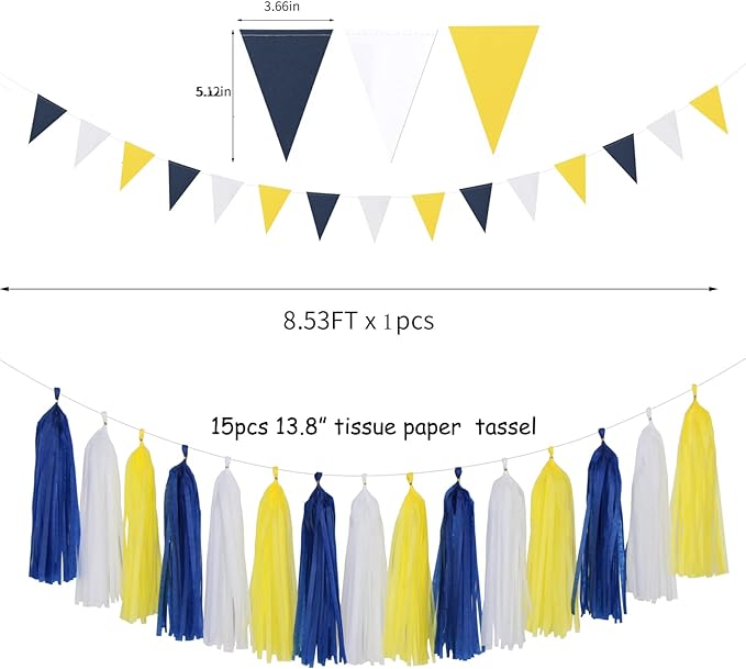 Navy-Blue White-Yellow Graduation Party Decorations - 23pcs Tissue Pom Poms Streamers,Birthday Tassel Garland Banner,Wedding Engagement Baby Bridal Shower Decor Ouruola
