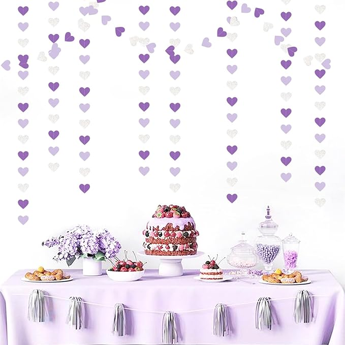 Purple Silver Birthday Party-Decorations Streamers - 52FT Graduation Hanging Heart Garland Banner,Baby Bridal Shower Engagement Wedding Anniversary Bachelorette Backdrop Decor Hugtmr