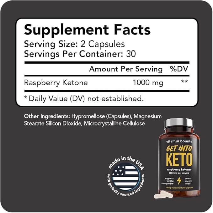 Vitamin Bounty Premium Raspberry Ketones Supplement - Keto Pills for Weight Loss - Promotes Ketosis & Metabolism Support - Keto Diet Aid - Energy Boost for Women & Men - 60 Capsules