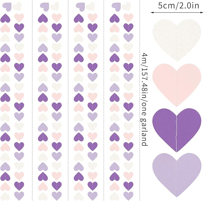 Purple-White Pink Birthday Party-Decorations Streamers - 52FT Hanging Heart Garland Banner,Baby Bridal Shower Engagement Wedding Anniversary Bachelorette Graduation Backdrop Decor Hugtmr