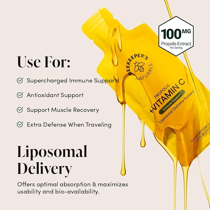 Propolis Liposomal Vitamin C by Beekeeper's Naturals, 1000mg Vitamin C, Propolis & Organic Honey, Supercharged Immune Support & Increased Bioavailibity for Max Absorption, 30 Ct