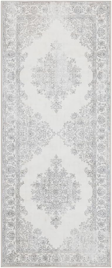 ReaLife Rugs Machine Washable Area Rug Runner - Living Room Bedroom Bathroom Kitchen Entryway Office - Padded Low Pile Stain Resistant Premium - Boho Farmhouse Vintage - Paige - Ivory 2'6" x 8'